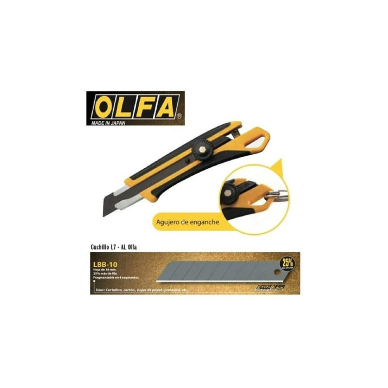 Cuchillo Olfa L-7 Industrial- Antideslizante Tipo Seguro Manual