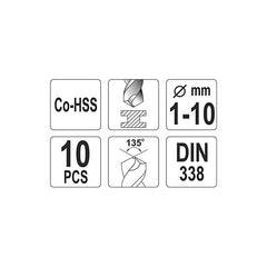 Juego De Brocas Metal Co-hss 1-10mm 10 Piezas Yato Yt-41603