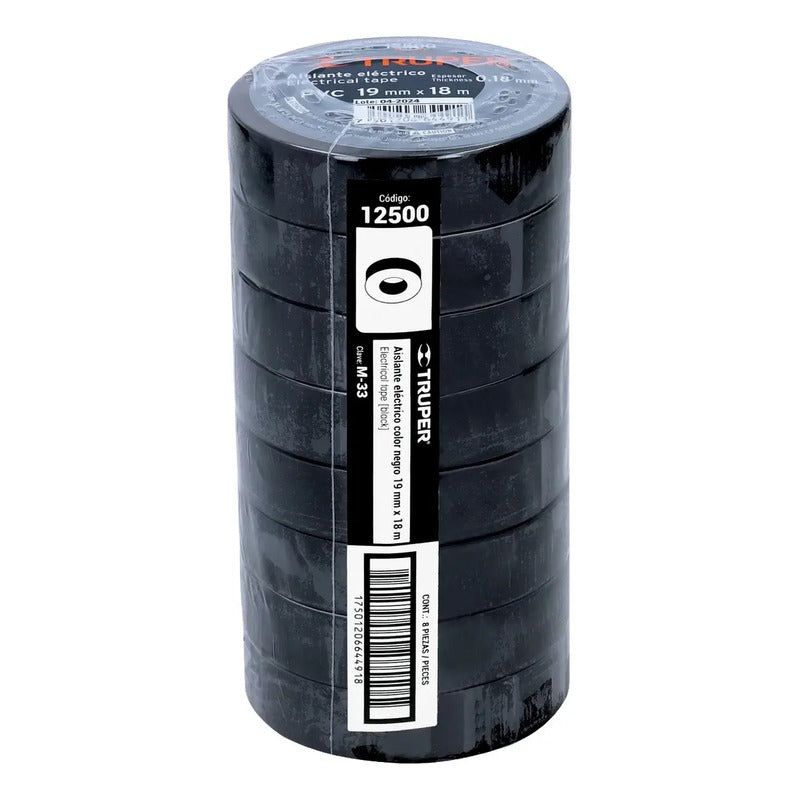 Huincha Aisladora Truper 19mmx18m Negra M-33 (8 Unidades) Negro Lisa