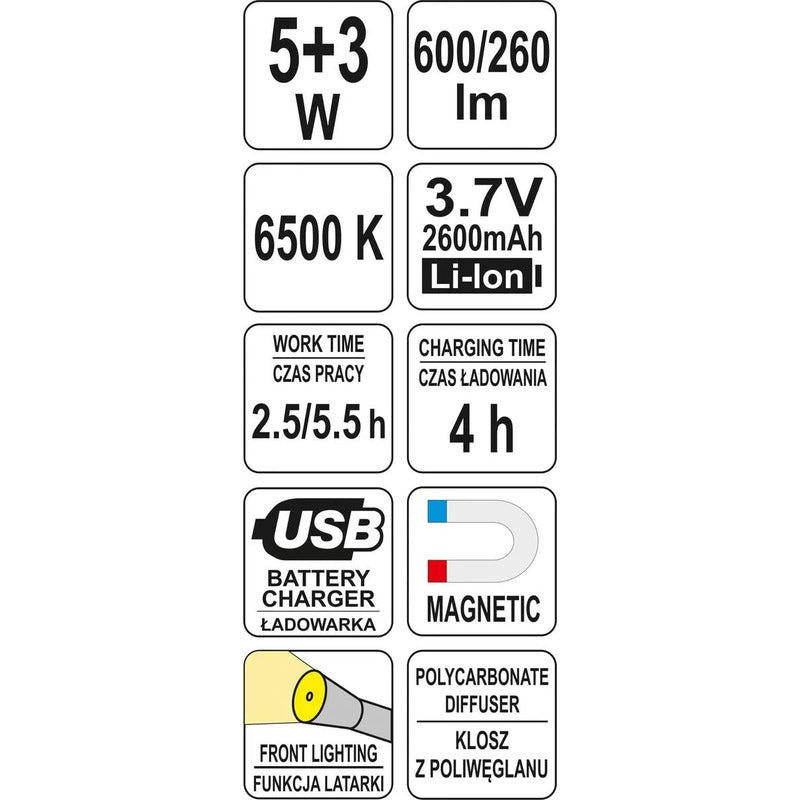 Linterna Led Magnética De 600 Lumenes Yato Yt-08518 Blanco
