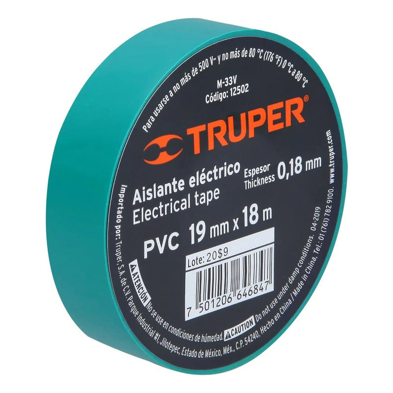 Huincha Aisladora Pvc 19mm X 18 M Verde M-33v Truper Verde Liso