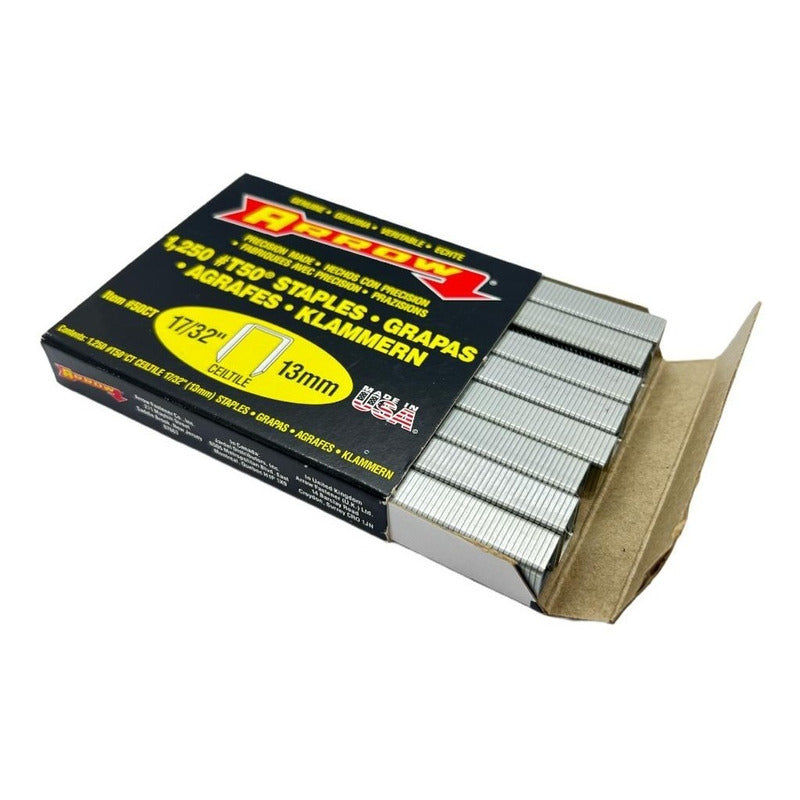 Grapas Arrow T50 17/32 (13mm) Caja 1250 Unidades 50ct Usa