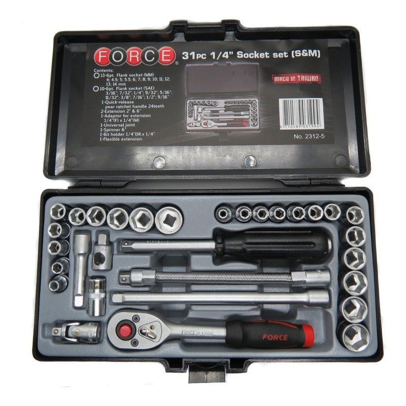 Juego De Dados Cuad. 1/4   31 Pzas. Mm. Y PuLG. Force 2312-5 Negro Y Plateado Con Detalles Rojos
