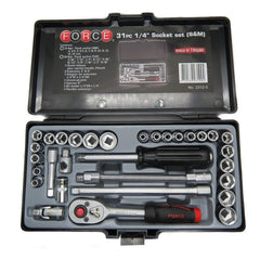 Juego De Dados Cuad. 1/4   31 Pzas. Mm. Y PuLG. Force 2312-5 Negro Y Plateado Con Detalles Rojos