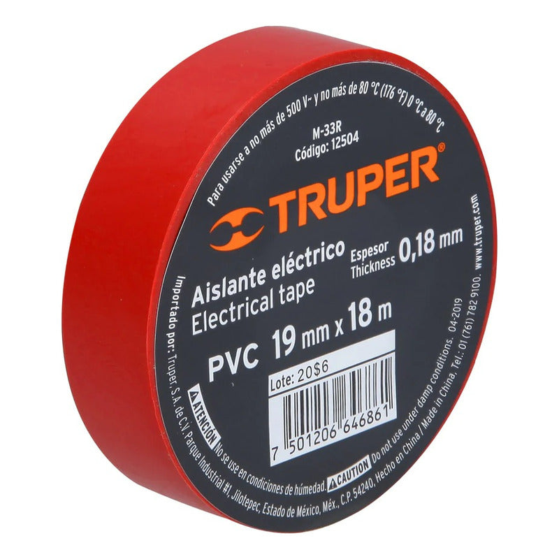 Huincha Aisladora Pvc 19 Mm X 18 M Rojo M-33r Truper Rojo Liso