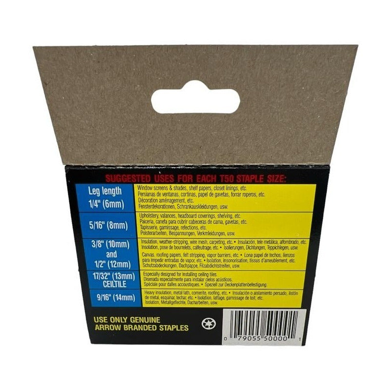 Grapas Arrow T50 17/32   (13mm) Caja 1250 Unidades 50ct Usa